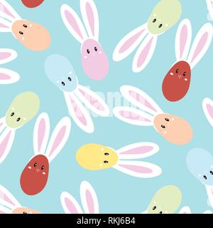Happy Easter. Set of Easter eggs with bunny ears on a light blue background. Vector pattern Illustration Stock Vector