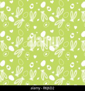 Easter vector pattern illustration with bunny ears and eggs on a green background Stock Vector