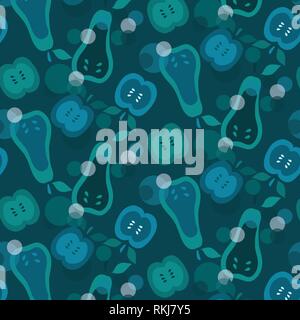 Pears and apples vector pattern teal and blue colors on a dark background Stock Vector