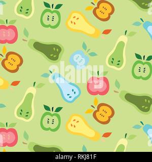 Pears and apples vector pattern illustration green, red, orange, blue and yellow colors on a light green background Stock Vector
