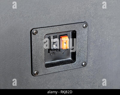 Cable connection sockets on rear side speaker system boxes side view closeup Stock Photo