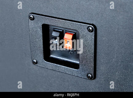 Cable connection sockets on rear side speaker system boxes side view closeup Stock Photo