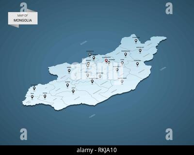 Isometric 3D Mongolia map,  vector illustration with cities, borders, capital, administrative divisions and pointer marks; gradient blue background.   Stock Vector