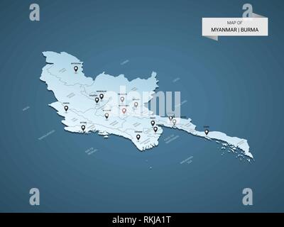 Isometric 3D Myanmar Burma map,  vector illustration with cities, borders, capital, administrative divisions and pointer marks; gradient blue backgrou Stock Vector