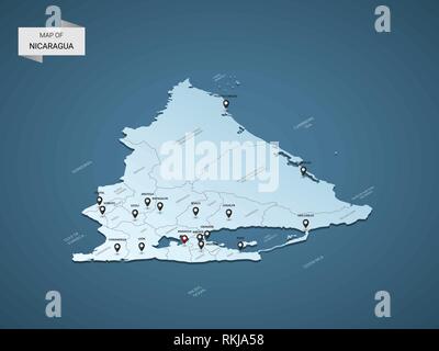 Isometric 3D Nicaragua map,  vector illustration with cities, borders, capital, administrative divisions and pointer marks; gradient blue background.  Stock Vector