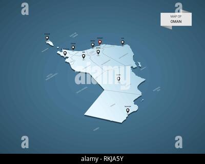 Isometric 3D Oman map,  vector illustration with cities, borders, capital, administrative divisions and pointer marks; gradient blue background.  Conc Stock Vector