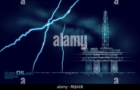 Oil pollution disaster ocean gas drilling rig low poly. Finance economy danger save planet. Petroleum fuel industry offshore extraction derricks line Stock Vector