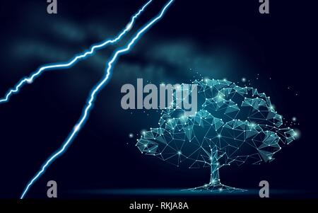 Ecological danger abstract tree concept. Ecology nature pollution save planet forest banner. Lightning threat deforested Earth. 3d render starry space Stock Vector