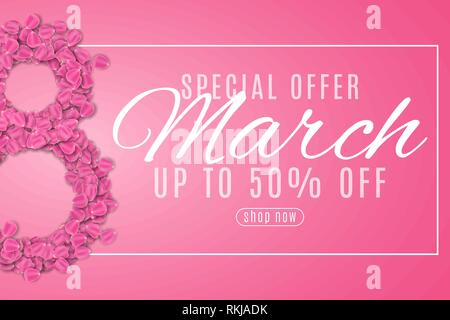 Banner for 8 March sale. Happy Womens Day. Number 8 of pink rose petals. Special offer. Romantic composition. Gift card. Vector illustration. EPS 10 Stock Vector