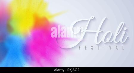Happy Holi festive web banner. Indian Festival of Colors. Spray multicolored paint. Greeting card. Beautiful 3D text. Paint blast. Vector illustration Stock Vector