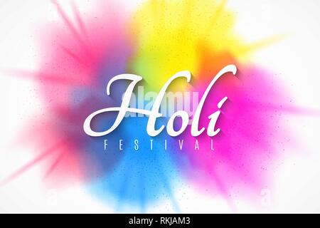 Happy Holi festive banner. Indian Festival of Colors. Spray multicolored paint. Greeting card. Multicolored fog. Paint blast. Vector illustration. EPS Stock Vector