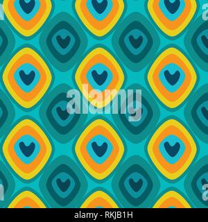 Peacock feathers abstract vector pattern illustration in teal, dark blue, yellow, orange, turquoise blue and green colors palette Stock Vector