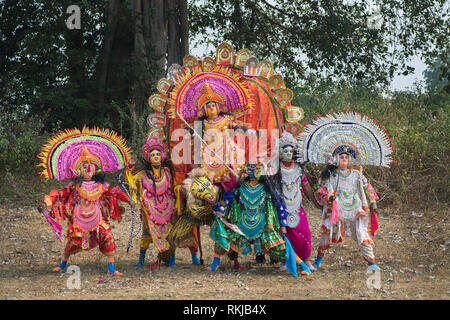 The image of Chhau Dancer performing as Durga Godess killing demon, in Purulia village, West Bengal,India Stock Photo