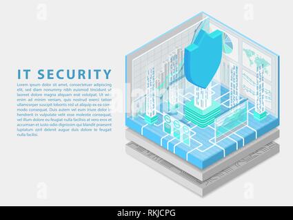 IT Security concept with symbol of shield and analytics dashboard as isometric vector illustration Stock Vector