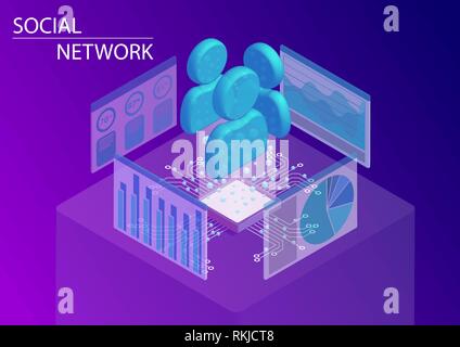 Social network and analysis of user profiles concept. 3d isometric vector illustration. Stock Vector
