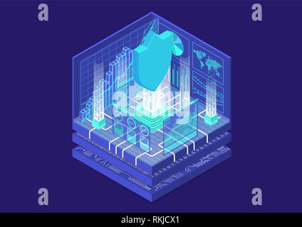 IT Security concept with symbol of shield and analytics dashboard as isometric vector illustration Stock Vector