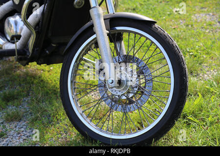 Details of a motorcycle with a stroller Stock Photo