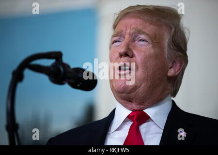 US President Donald Trump delivers remarks in the Diplomatic Reception Room of the White House in Washington, D.C. on January 19, 2019. Trump spoke about a new plan to secure the US border and re-open the US Government which remains shutdown. Stock Photo