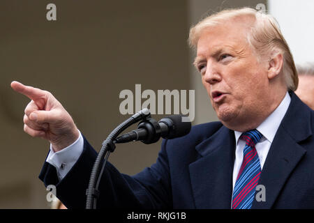 US President Donald Trump speaks to reporters in the Rose Garden of the White House on January 4, 2019. Stock Photo