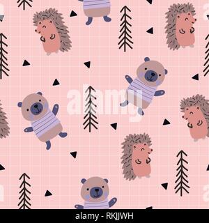 Scandinavian woodland seamless pattern with cute bear and hedgehog on the pink background. Vector illustration. Stock Vector