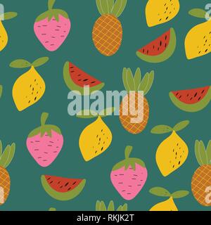 Seamless patern of Hand drawn summer fruits on the green background. Vector Illustration. Stock Vector