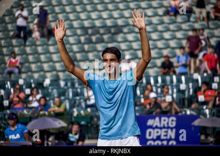 Buenos Aires, Federal Capital, Argentina. 11th Feb, 2019. Victory of the Italian Lorenzo Sonego. This Monday, February 11, the pass to the second round is defined. Early in the afternoon the Chilean NicolÃ¡s Jarry, sixth seed, faced the Italian Lorenzo Sonego who qualified in the qualy. Jarry won the first set in a tiebreak 7 (6) -6 (3) but the Italian matched the match after winning the second set 6-4 and sealed his second round classification after beating the Chilean in the third and final set with a score from 6 games to 3. The final score was 6 (3) -7 (6); 6-4; 6-3. (Credit Image: © Stock Photo