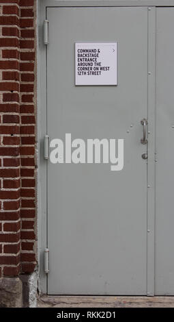 New York, USA. 11th February, 2019. Industria door signage directing backstage personnel and visitors to the proper entrance, outside the Veronica Beard show in the West Village early Monday evening, part of New York Fashion Week Fall - Winter 2019. Kay Howell/Alamy Live News Stock Photo