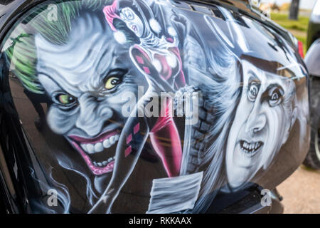 Custom Batman themed paintwork on a Lambretta scooter. Steampunk Weekend Feb 2019: Whitby, North Yorkshire. UK Stock Photo