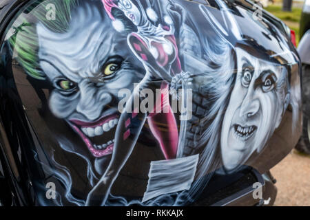 Custom Batman themed paintwork on a Lambretta scooter. Steampunk Weekend Feb 2019: Whitby, North Yorkshire. UK Stock Photo