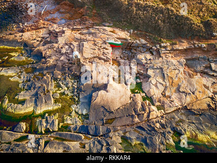 Aerial bird's eye view photo taken by drone  with clear water rocky seascape-Chernomorec,Bulgaria Stock Photo