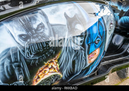 Custom Batman themed paintwork on a Lambretta scooter. Steampunk Weekend Feb 2019: Whitby, North Yorkshire. UK Stock Photo