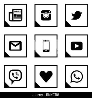 Vector social media icons. Black line square icon. Stock Vector