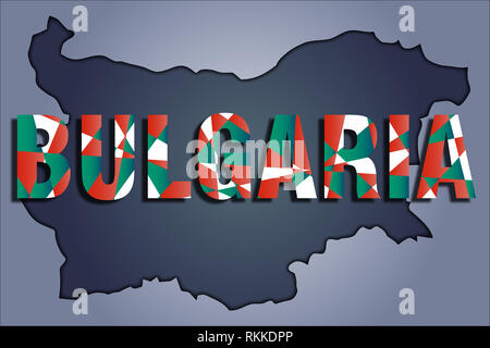 The contours of territory of Bulgaria in grey colours and word Bulgaria in colors of the oficial flag, red, green, white Stock Photo