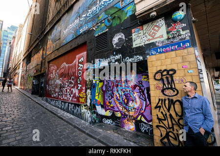 3rd January 2019, Melbourne Australia : Hosier lane street view with nameplate and tourists in Melbourne Australia Stock Photo