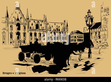 View on Landmark Grote Markt square in medieval city Bruges, Belgium. Horses, carriages and lanterns on market square in Bruges. Vector engraving illu Stock Vector