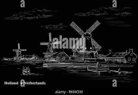 Vector hand drawing Illustration of watermill in Amsterdam (Netherlands, Holland). Landmark of Holland. Vector engraving illustration in white color i Stock Vector