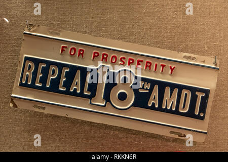 A license plate calling for repeal of 18th Amendment, The Mob Museum, Las Vegas (City of Las Vegas), Nevada, United States. Stock Photo