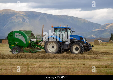 Annat, Canterbury, New Zealand - February 1 2019: A blue tractor with a hay baler works his way along the rows making round bales in a rural field Stock Photo