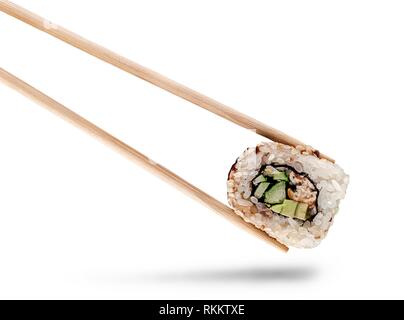 Sushi roll of california with chopsticks isolated on white background.