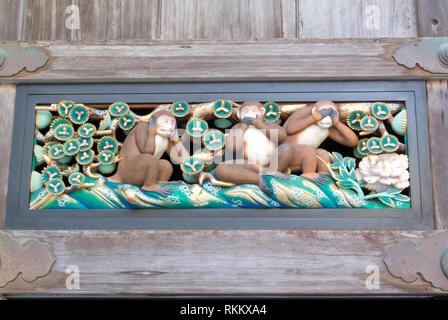 The Three Wise Monkeys at Tosho-gu, Nikko, Japan Stock Photo