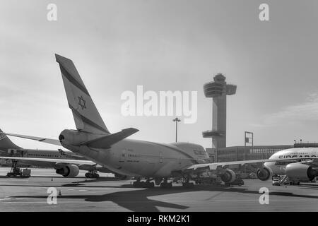 NEW YORK - MARCH 22, 2016: El Al Boeing 747 at JFK Airport. El Al is the flag carrier of Israel. Stock Photo