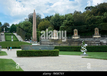 Egyptian Obelisk and basin at the Boboli Gardens of the Pitti Palace in Florence, Italy. Stock Photo