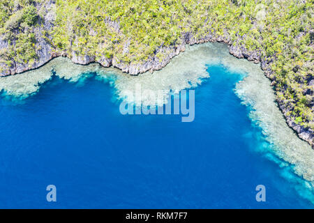 Healthy coral reefs fringe the limestone islands found in Raja Ampat, Indonesia. This remote, tropical region is known for its marine biodiversity. Stock Photo