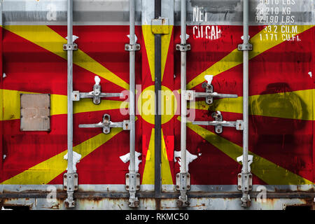 Close-up of the container with the national flag of Macedonia. The concept of Macedonia  export-import and national delivery of goods. Stock Photo