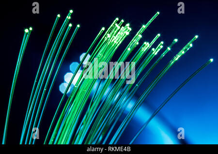 Bundle of optical fibers with green light. Blue background. Stock Photo