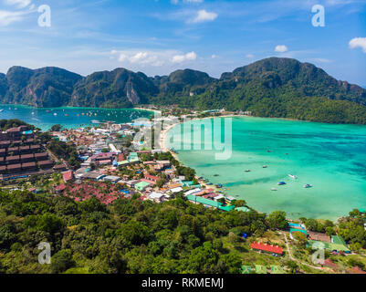 Koh Phi Phi Don - Amazing view of bay in andaman sea from View Point. Paradise coast of tropical island Phi-Phi Don. Krabi Province, Thailand. Travel Stock Photo