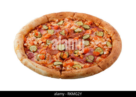 Delicious classic italian pizza with ham, sausages, corn, cucumbers and cheese isolated on white background Stock Photo