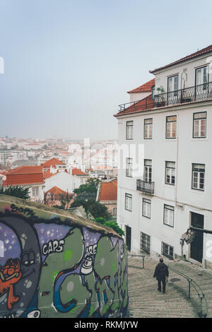 Lisbon, Portugal - 01/03/19: Spiral street staircase downtown with a great view cityscape of lisbon. Principe real, miradouro, viewpoint or belvedere Stock Photo
