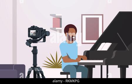 guy musical blogger recording video on camera african american man playing classical piano music blog concept modern apartment interior closeup Stock Vector