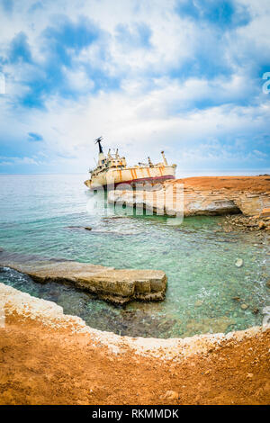 Panorama of cargo vessel 'Edro III' shipwreck near rocky coast in Mediterranean sea at Paphos, Cyprus Stock Photo